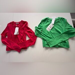 NWT Zara Women’s Long-Sleeve Crewneck Tops in Red and Green (set of 2)